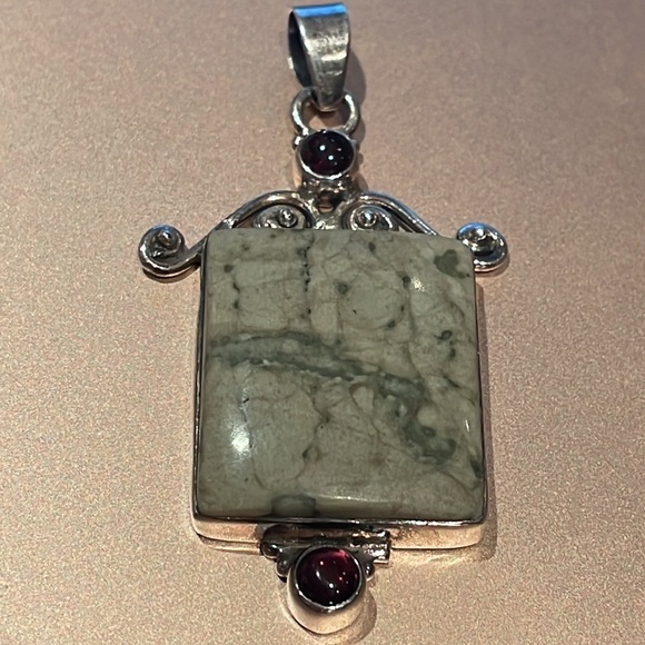Genuine Jasper & Rhodite Garnets 925 Sterling Pendant - Picture 1 of 11